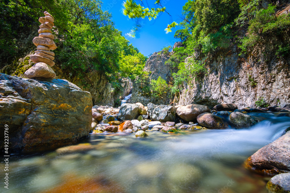 Vathres are small water natural pools with waterfalls along the mountain of Saos on Samothraki island, Greece. - obrazy, fototapety, plakaty 