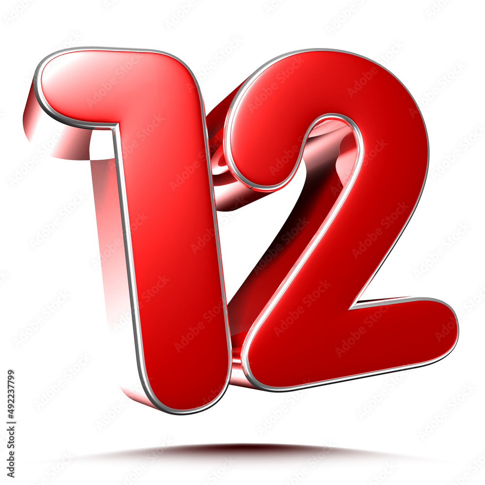 Rounded red number 12 on white background 3D illustration with clipping path. Rounded red number 12 on white background 3D illustration with clipping path.