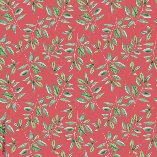 Watercolor seamless pattern with greenery on red background