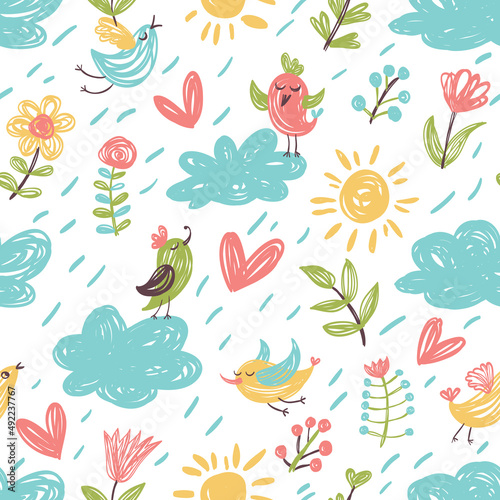 Seamless pattern with birds  clouds  hearts and flowers. Perfect for wallpaper  wrapping paper  seasonal greeting cards  summer invitations  fabric