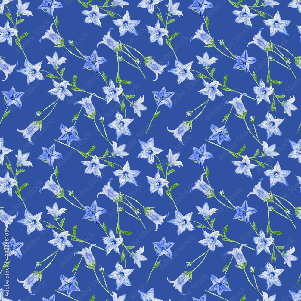 Watercolor seamless pattern with bluebells on navy background 