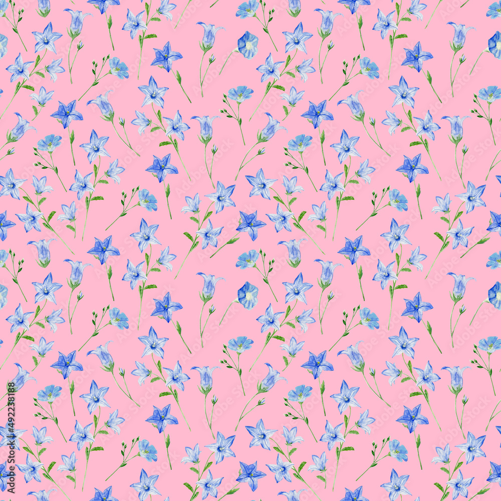 Watercolor seamless pattern with bluebells on pink background Watercolor seamless pattern with bluebells on pink background
