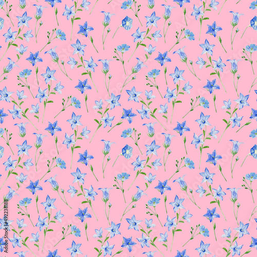 Watercolor seamless pattern with bluebells on pink background 