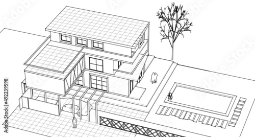 modern house architectural sketch 3d rendering
