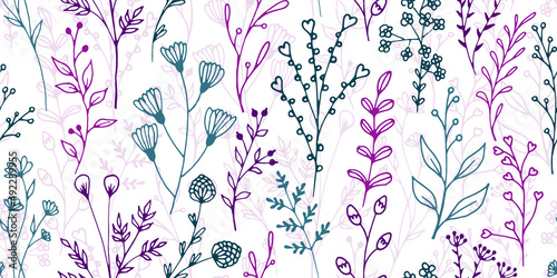 Field flower sprigs natural vector seamless background. Romantic floral fabric print. Greenery plants leaves and buds wallpaper. Field flower sprouts girly fashion seamless pattern