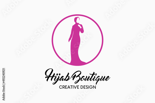 Hijab boutique logo design with a creative and simple concept of a silhouette of a woman in a circle. Hijab fashion logo vector illustration.