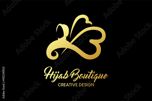 Hijab boutique logo design with a creative and simple concept of letter b in the shape of a butterfly combined with a hijab silhouette. Hijab fashion logo vector illustration.