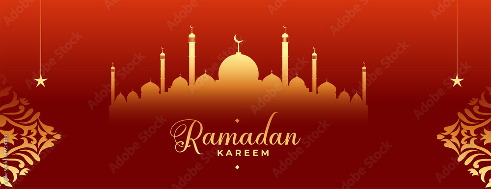 ramadan kareem ornamental red banner with mosque