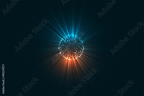 3d digital sphere with glowing light streak background