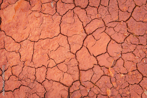 Full frame to terrain with arid climate. The surface of the land is cracked. Crack soil ground texture. The natural texture of soil with cracks. Broken clay surface of barren dryland wasteland closeup