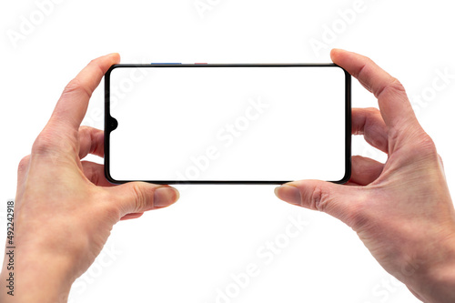 Quer gehaltenes Smartphone mit leerem Display als Vorlage für individuelle Anpassungen photo