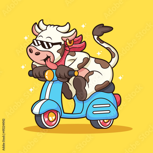 Cute cow riding scooter cartoon. Animal vector icon illustration, isolated on premium vector