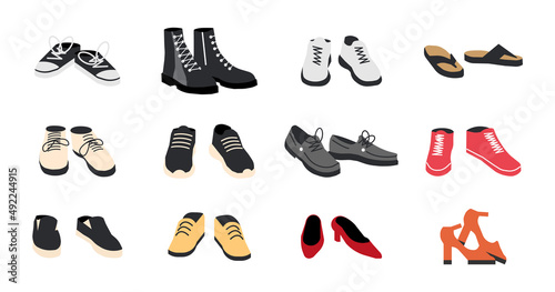 Set of Different Shoes Isolated. Boots, Sneakers, Oxford, Topsider. Men and Woman Footwear Collection. Different Male and Female Shoes, Side View. Cartoon Flat Vector Illustration