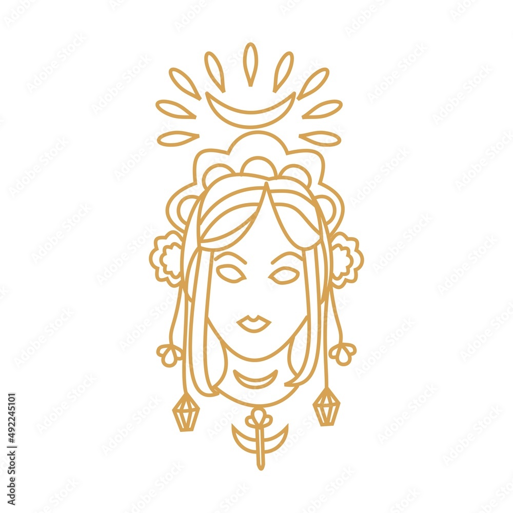 Girl with magical amulets and moon Outline portrait Girl with magical amulets and moon Outline portrait