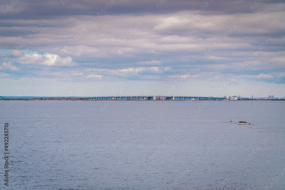 Russia. April 21, 2020. View of the Gulf of Finland and the ring road from Kronstadt.