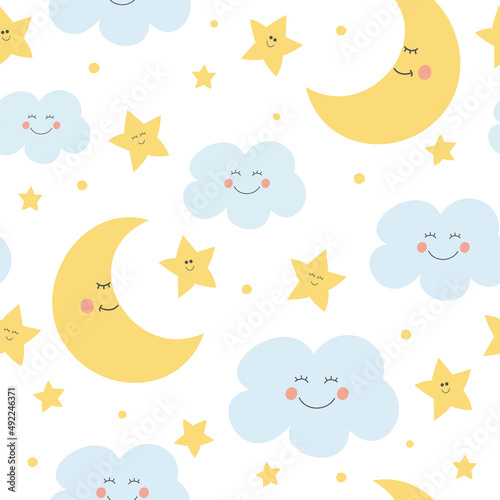 Seamless childish pattern with cute moon  clouds and stars. Lovely texture for baby. Vector illustration.