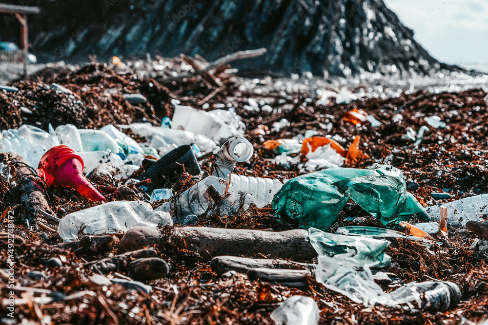 Obraz premium Earth Day. Heavily polluted beach. Plastic bottles and garbage on a deserted coast. The concept of ecological disaster and environmental pollution