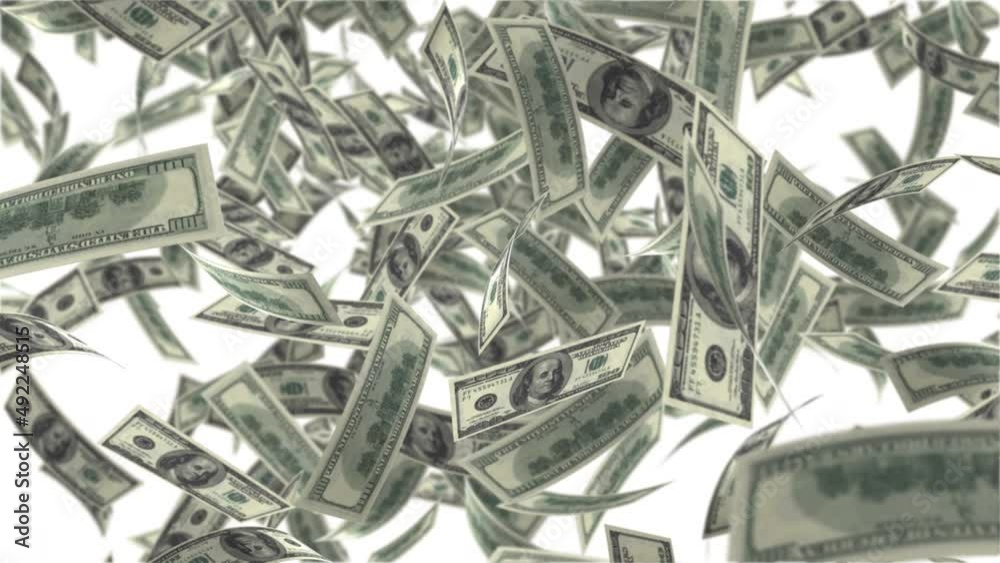 One hundred dollar bills falling down on white background. 4K animation
