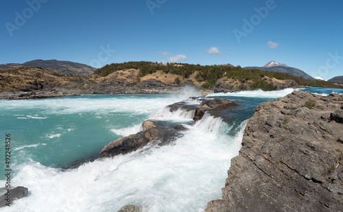 The confluence of the Baker river (with bright turquoise waters) with the Neff river (with greyish waters) near the Patagonia National Park on route 7 (Carretera Austral), Cochrane, Patagonia, Chile