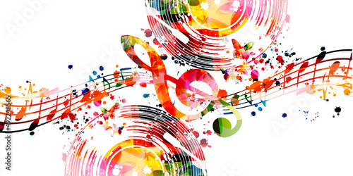  Colorful LP vinyl record disc with musical notes and G-clef for concert events, music festivals and shows, party flyers, invitations. Musical poster for club party vector illustration	