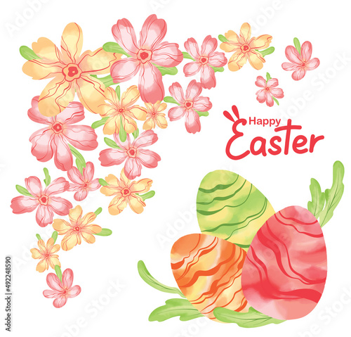 Digital watercolor card spring floral and eggs frame Premium Vector