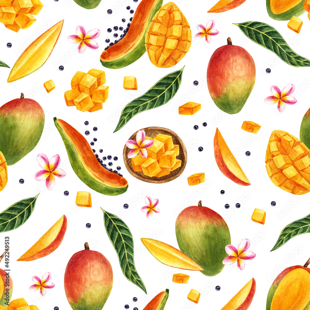 Seamless pattern with mango watercolor illustrations Seamless pattern with mango watercolor illustrations