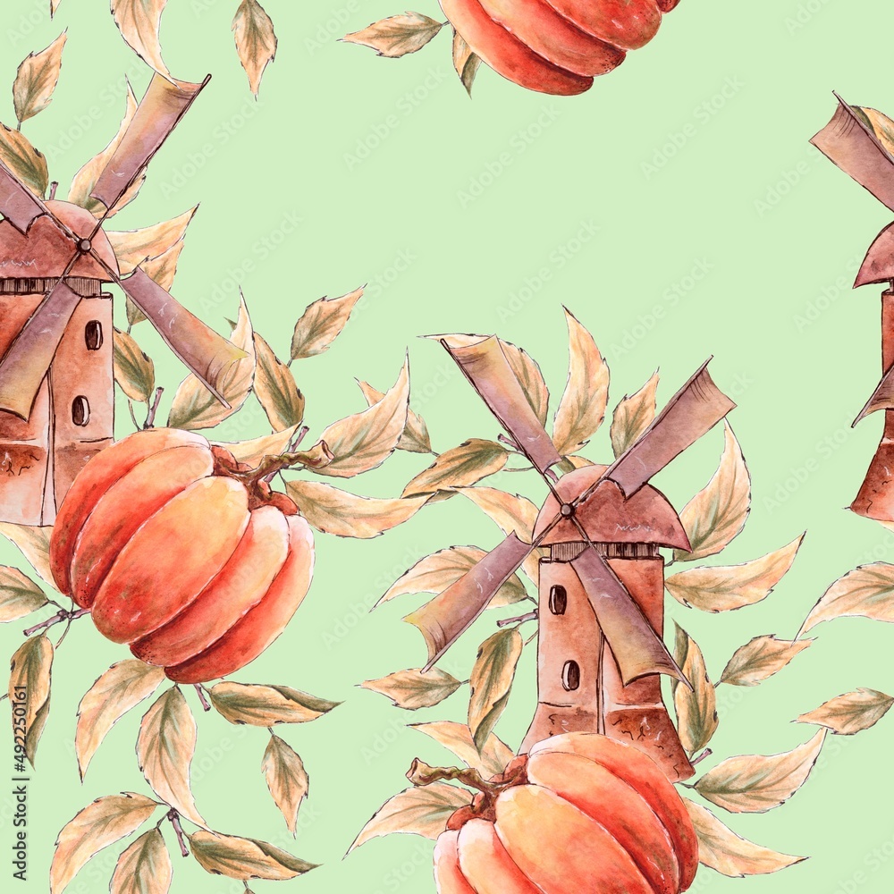 Fototapeta premium Background with leaves, pumpkin, mill. Autumn plot for decorating a holiday, a party. Seamless pattern for printing on fabric, paper, ceramics, plastic. Handmade watercolor windmill, pumpkin, branch