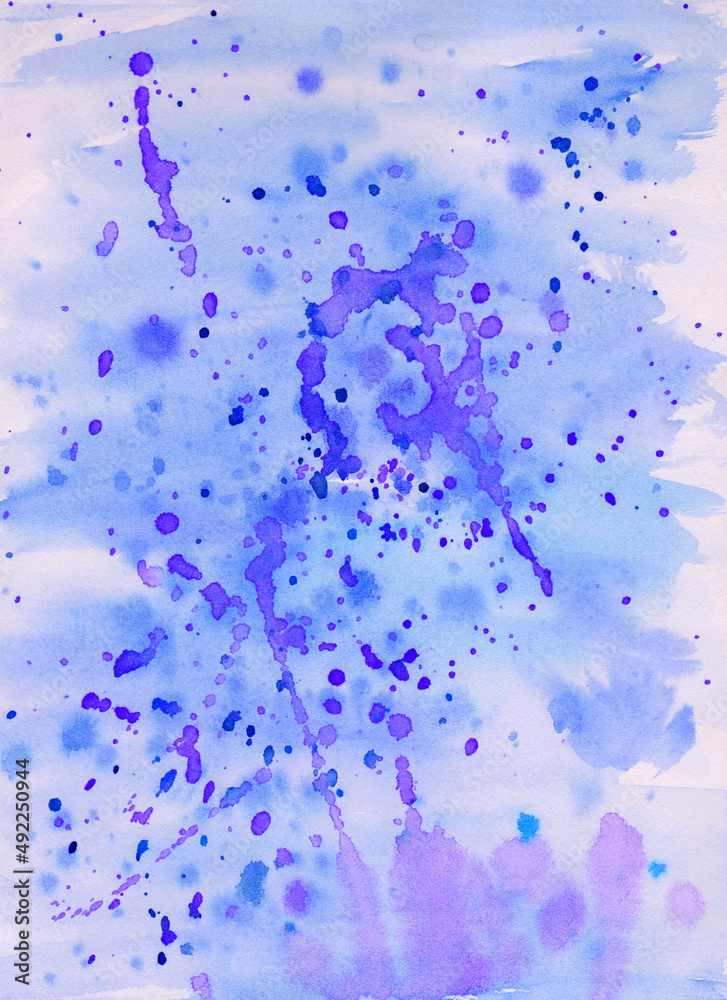 Water drops on a white. Abstract watercolor background. Blue spots, drops, splashes. Ink stains. Flickering. Space under water. Water drops on a white. Abstract watercolor background. Blue spots, drops, splashes. Ink stains. Flickering. Space under water.