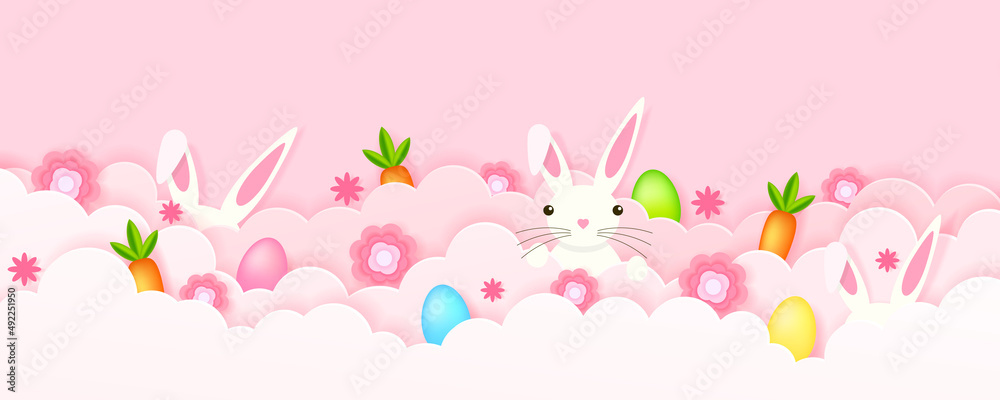 Illustration on the theme of Easter - rabbit, eggs, clouds, paper cut style