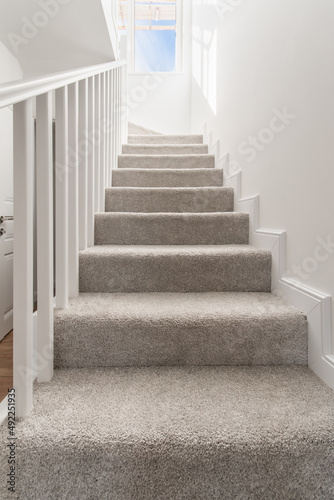stairs with a carpet in the house upstairs with a railing and a window with a blue sky