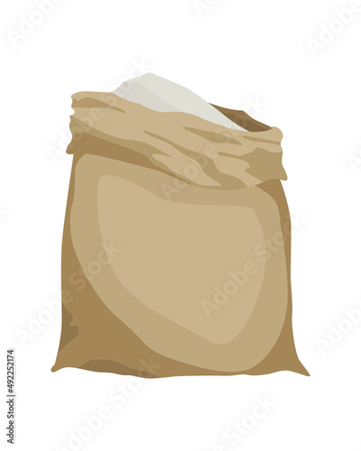 Burlap farmer bag for flour, rice or salt. Farm production in brown textile bale, opened with product inside. Cartoon vector icon isolated on white background