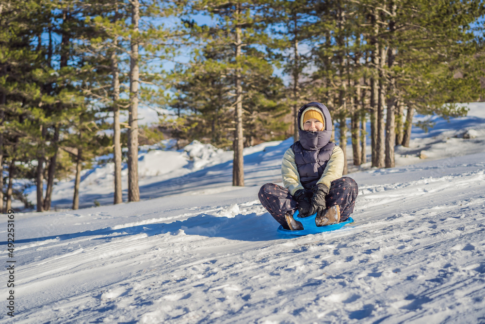 Naklejka premium Happy woman having fun during rolling down the mountain slope on sled. Winter sports with snow. People riding a sledge