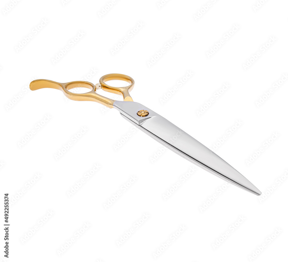 Scissors for cutting people and pets. Grooming scissors. Closed scissors on a white isolated background. Angle view. Scissors for cutting people and pets. Grooming scissors. Closed scissors on a white isolated background. Angle view.
