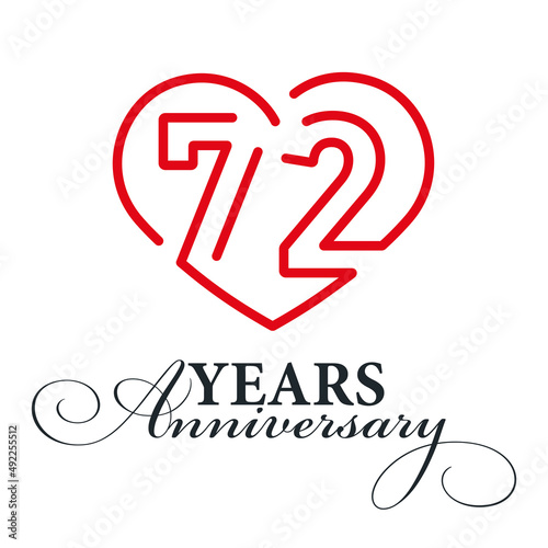 72 years anniversary celebration number thirty bounded by a loving heart red modern love line design logo icon white background