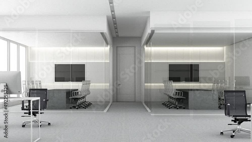 modern Contemporary spacious office room interior with city view and daylight. Workplace design concept with carpet floor and office furniture meeting room working area. 3D Rendering animation looped