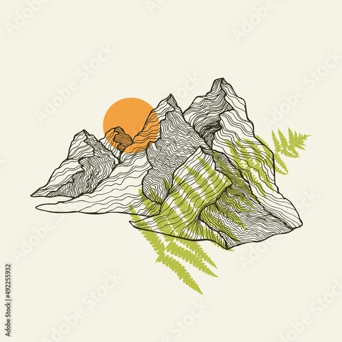 Mountains, sun and fern line art vector print. Vector illustration for textile prints, cards, design,logo.