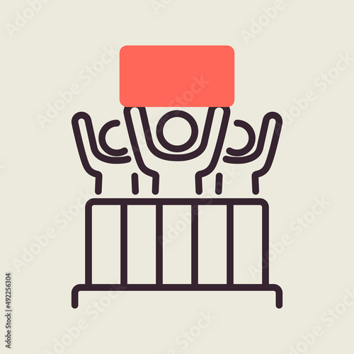 Crowd of people with placard control barrier icon