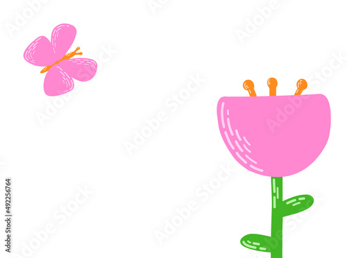 Spring flower background with place for your invitation, congratulation. Flat vector illustration with flower and butterflies in pink and green colors for cards