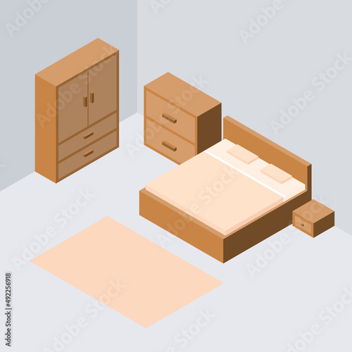 Set of Bedroom Furniture, Isometric Drawing Vector.