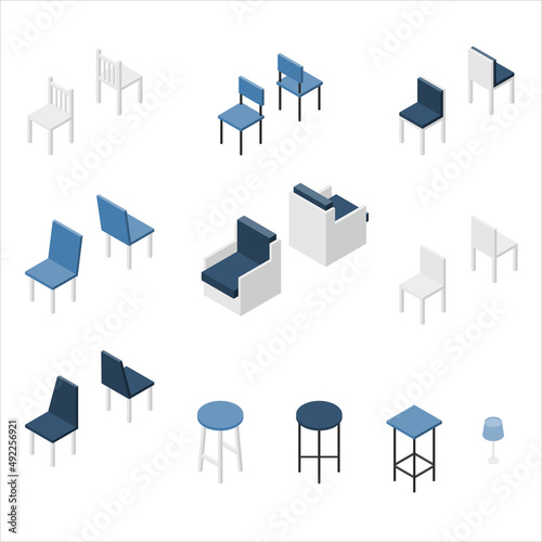Set of Furniture, Various type of Chair. Isometric Drawing Vector.