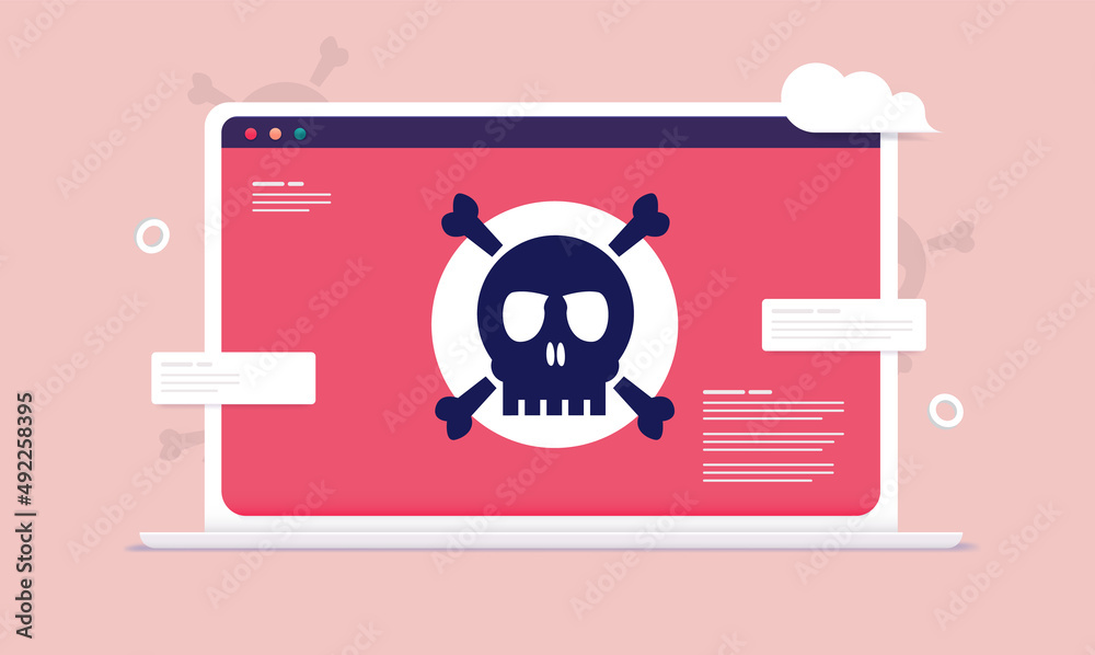 Computer malware - Laptop with red screen and skull showing danger and virus alert. Vector illustration Computer malware - Laptop with red screen and skull showing danger and virus alert. Vector illustration