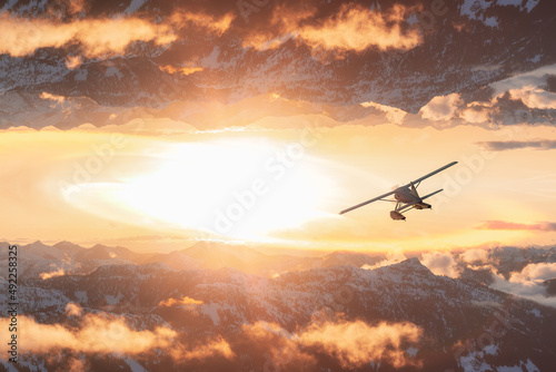 Magical Fantasy Aerial Landscape with a mirrored Mountain World with Seaplane. 3d Rendering Airplane Flying. Adventure Composite. Nature Background Image from British Columbia, Canada. Sunset Sky