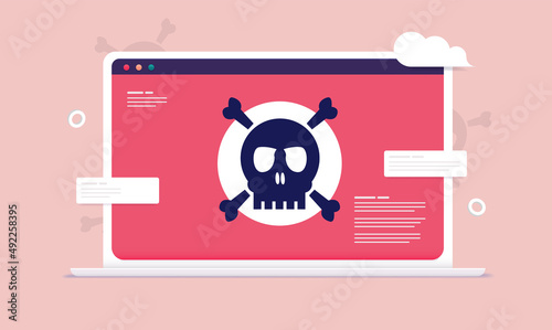 Computer malware - Laptop with red screen and skull showing danger and virus alert. Vector illustration