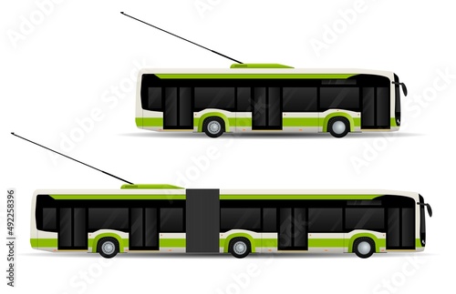 Set of urban green trolleybuses, side view. City public electric transport.