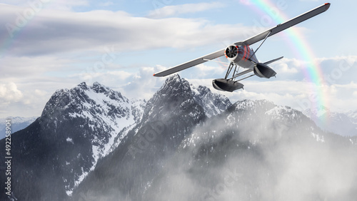 Aerial Panoramic View of Canadian Rocky Mountain Landscape with Seaplane Flying. 3d Rendering Airplane. Background Image near Vancouver, British Columbia, Canada. Rainbow