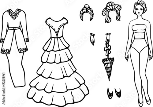 Dress for the doll. Black and white sketch of a fashionable ruffled suit and dress