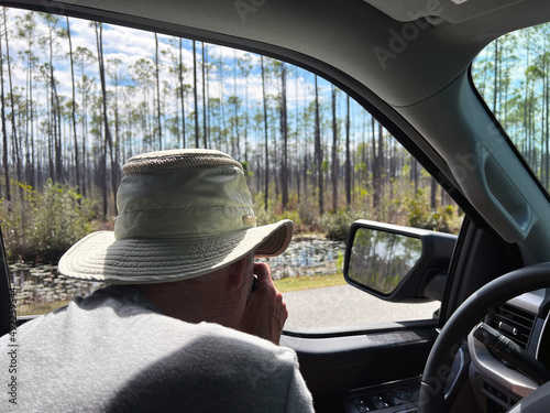 A man stops to take photos of alligators along the side of the road on Wildlife Drive at Okefenokee National Wildlife Refuge near Folkston, Georgia. photo