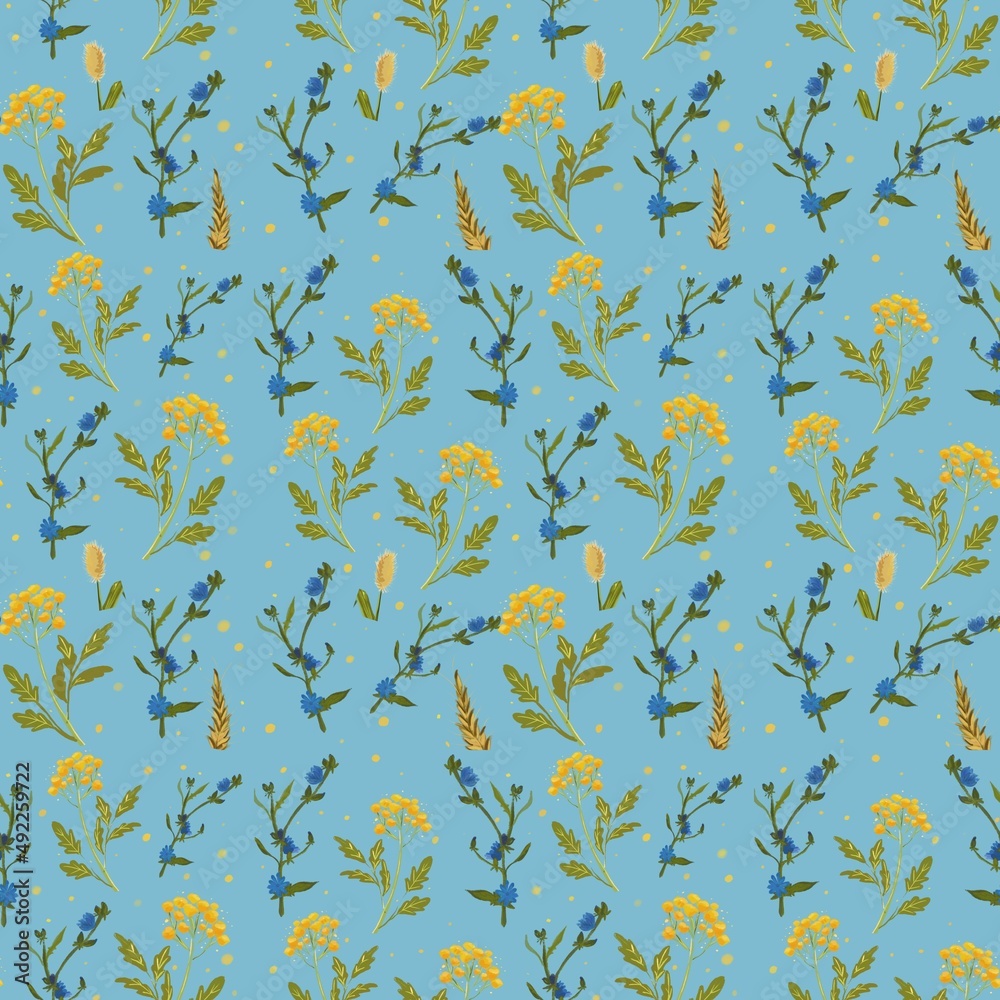 seamless pattern with summer leaves and flowers on blue background