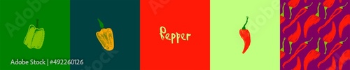Vector hot pepper banner. Hand-drawn pattern. Peppers illustration. Pepper drawings. Red chilli background. Organic homemade vegetables. Vegan food wallpaper. Spices backdrop. Vegetarian restaurant.