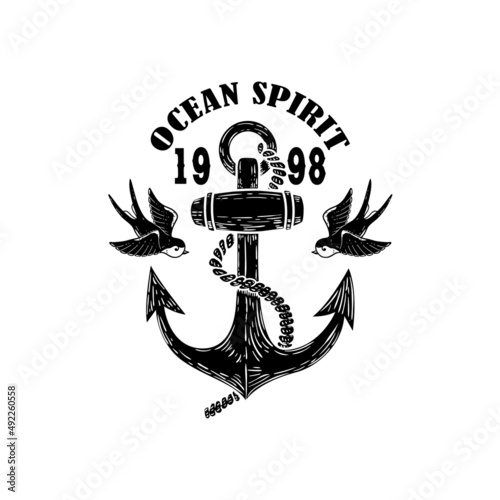 Vintage anchor with swallows. Design element for emblem, sign, badge, logo. Vector illustration